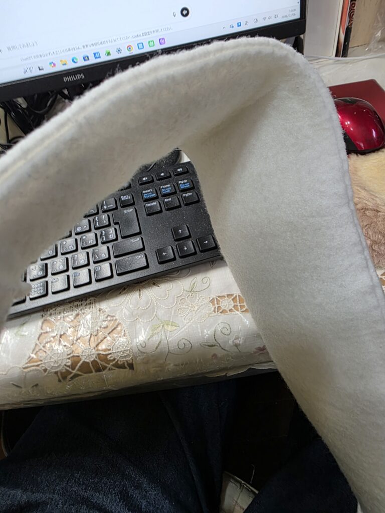 膝の添え木が折れて壊れた状態。添え木はフェルトで覆われているため、折れていても外からは気づきにくいことがあります。