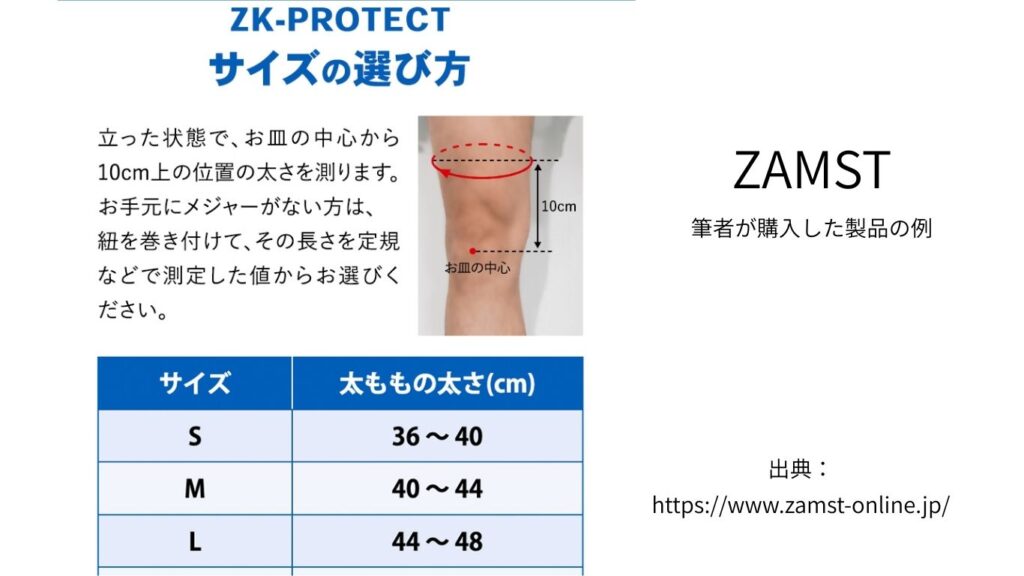 膝サポーターのサイズの測り方（膝のお皿から10cm上の太もも周囲を測る）